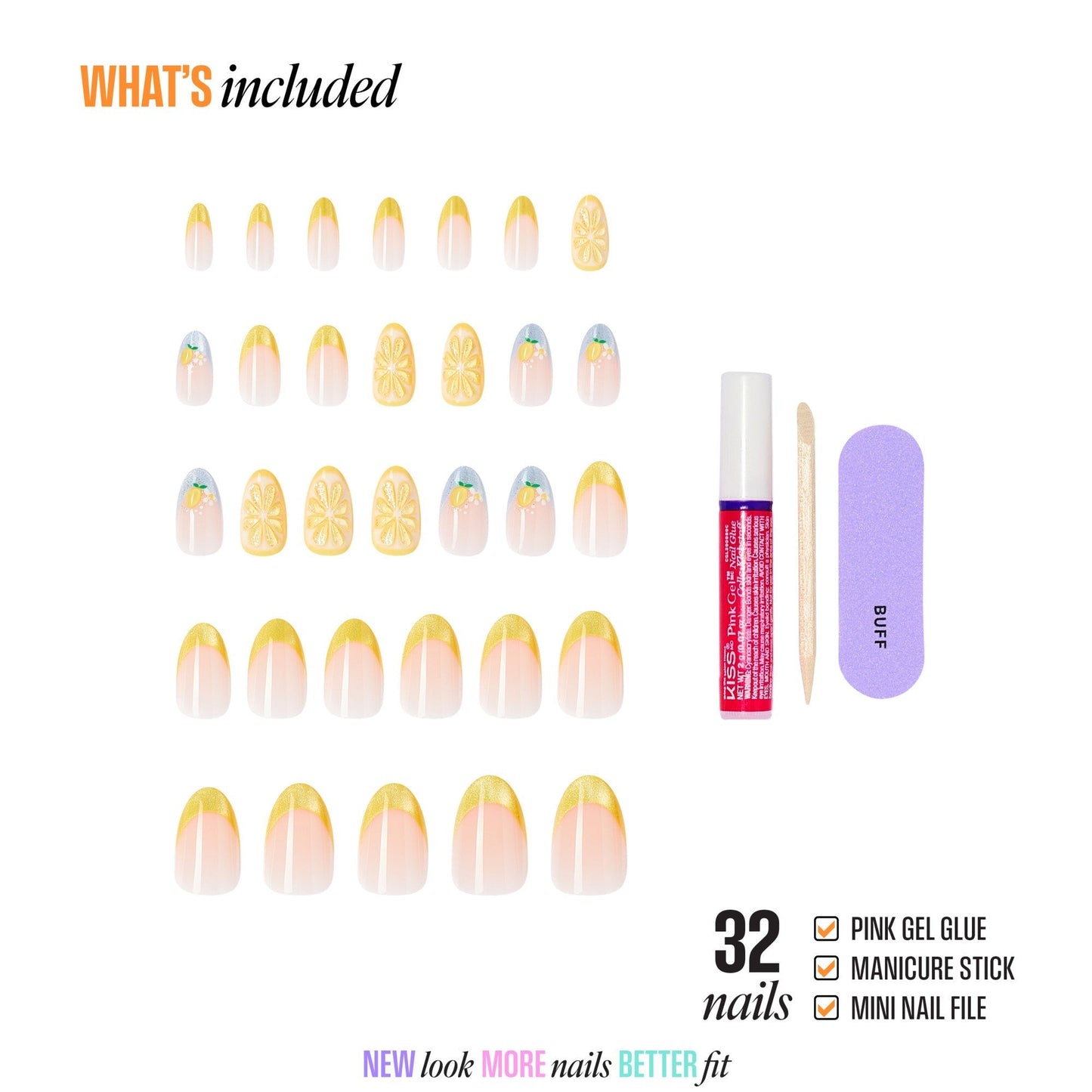 Kiss Nail Drip Press On Fake Glue Nails - Euphoric Leap | 3D & Jewel French Design, Yellow, Medium, Almond