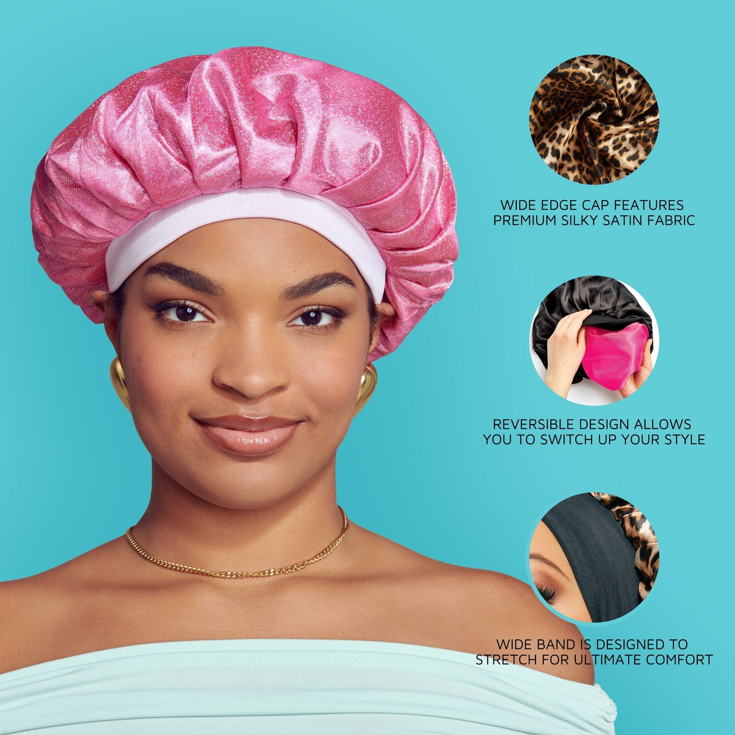 Kiss Colors & Care Silky Satin Double Wear Bonnet Cap - Black | Reversible, Silk Bonnet, Sleep Bonnet, Super Jumbo, Hair Accessories