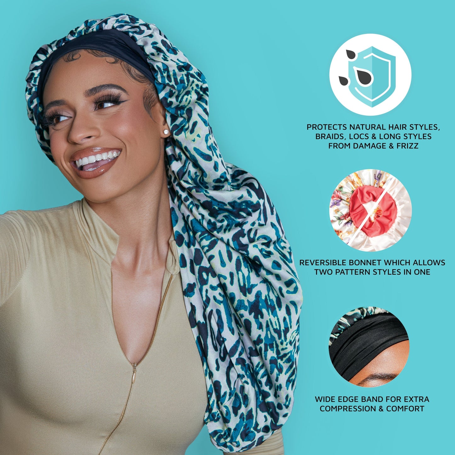 Kiss Colors & Care Crepe Satin Reversible Braid Bonnet - Exotic Leopard | Silk Bonnet, Sleep Bonnet, 24in Long, Hair Accessories