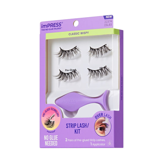 Impress Falsies Pre-Glued Strip False Eyelashes Starter Kit - Classic Wispy | 2 Pairs, With Applicator, 16mm