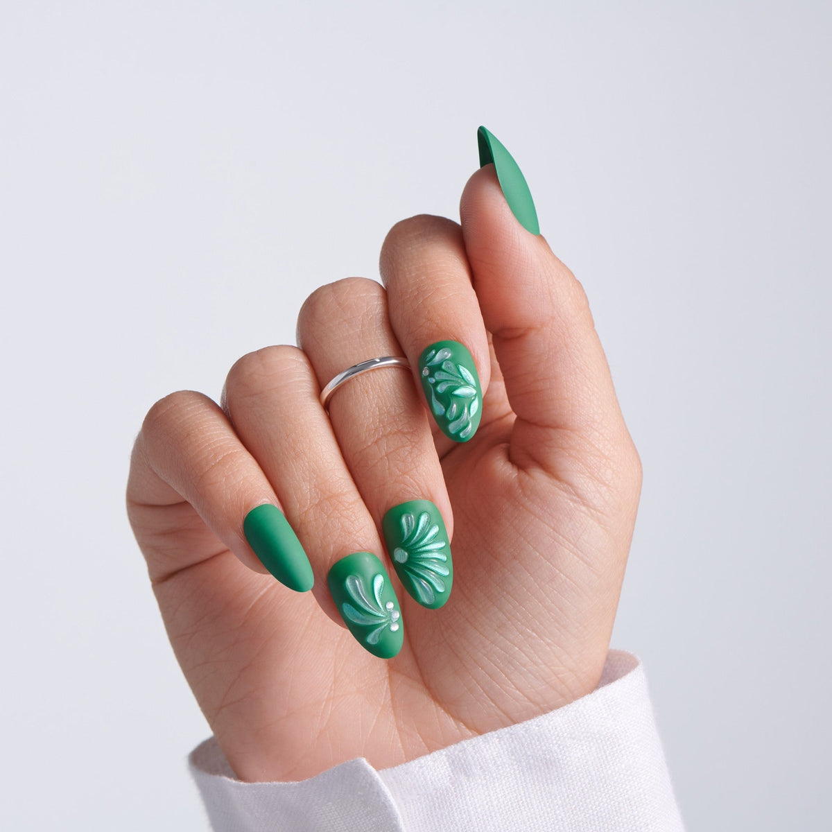 Kiss Glam Jeweled Press On Fake Glue Nails - Tropical Glow | 3D & Jewel Design, Green, Medium, Almond