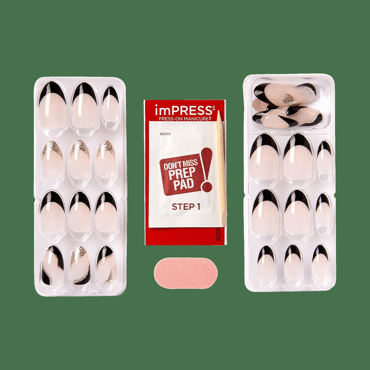Impress French No Glue Fake Press On Nails - Illusion | French Design, Black, Medium, Almond, Manicure