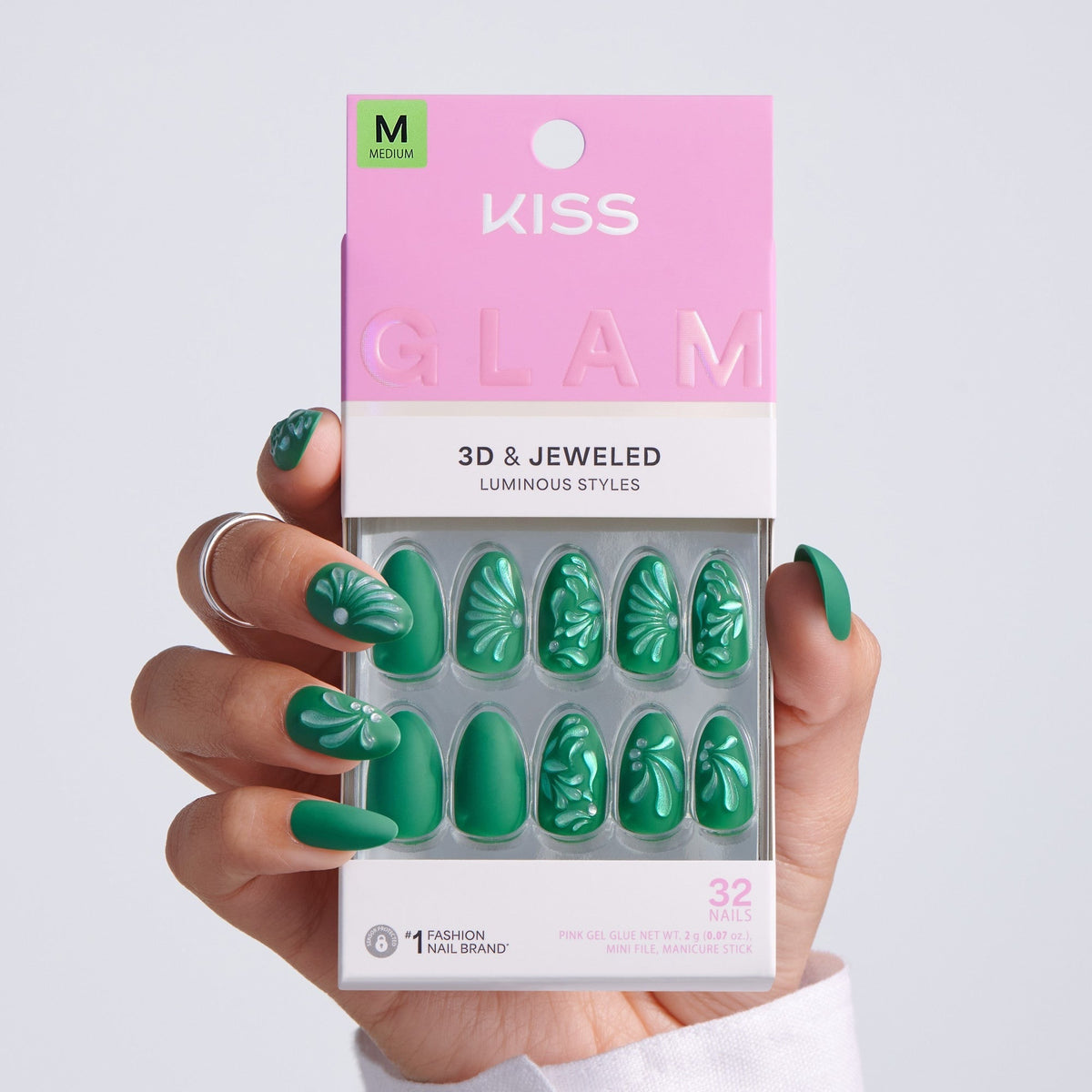 Kiss Glam Jeweled Press On Fake Glue Nails - Tropical Glow | 3D & Jewel Design, Green, Medium, Almond