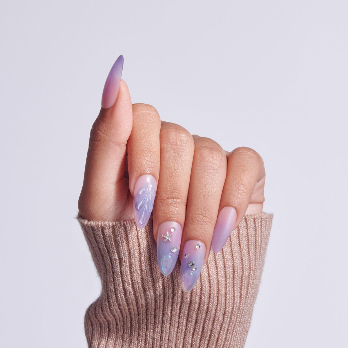 Kiss Luxe Press On Fake Glue Nails - Jasmine Skies | 3D & Jewel Design, Purple, Long, Almond