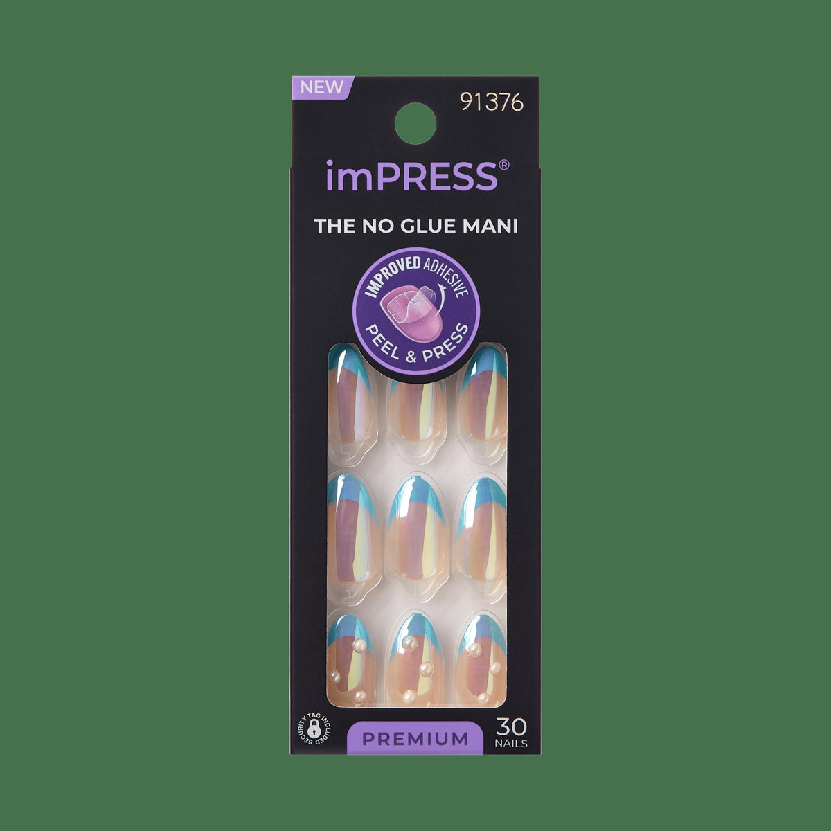 Impress Premium No Glue Fake Press On Nails - Best Life | 3D & Jewel French, Metallic Blue, Medium, Almond, Manicure
