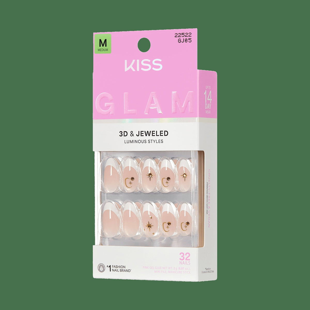 Kiss Glam 3D & Jewel Press On Fake Glue Nails - Zephyr | 3D & Jewel French Design, White & Gold, Medium, Almond