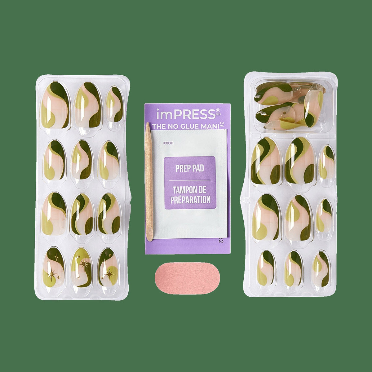 Impress Design No Glue Fake Press On Nails - Shining | 3D & Jewel Design, Green, Medium, Almond, Manicure