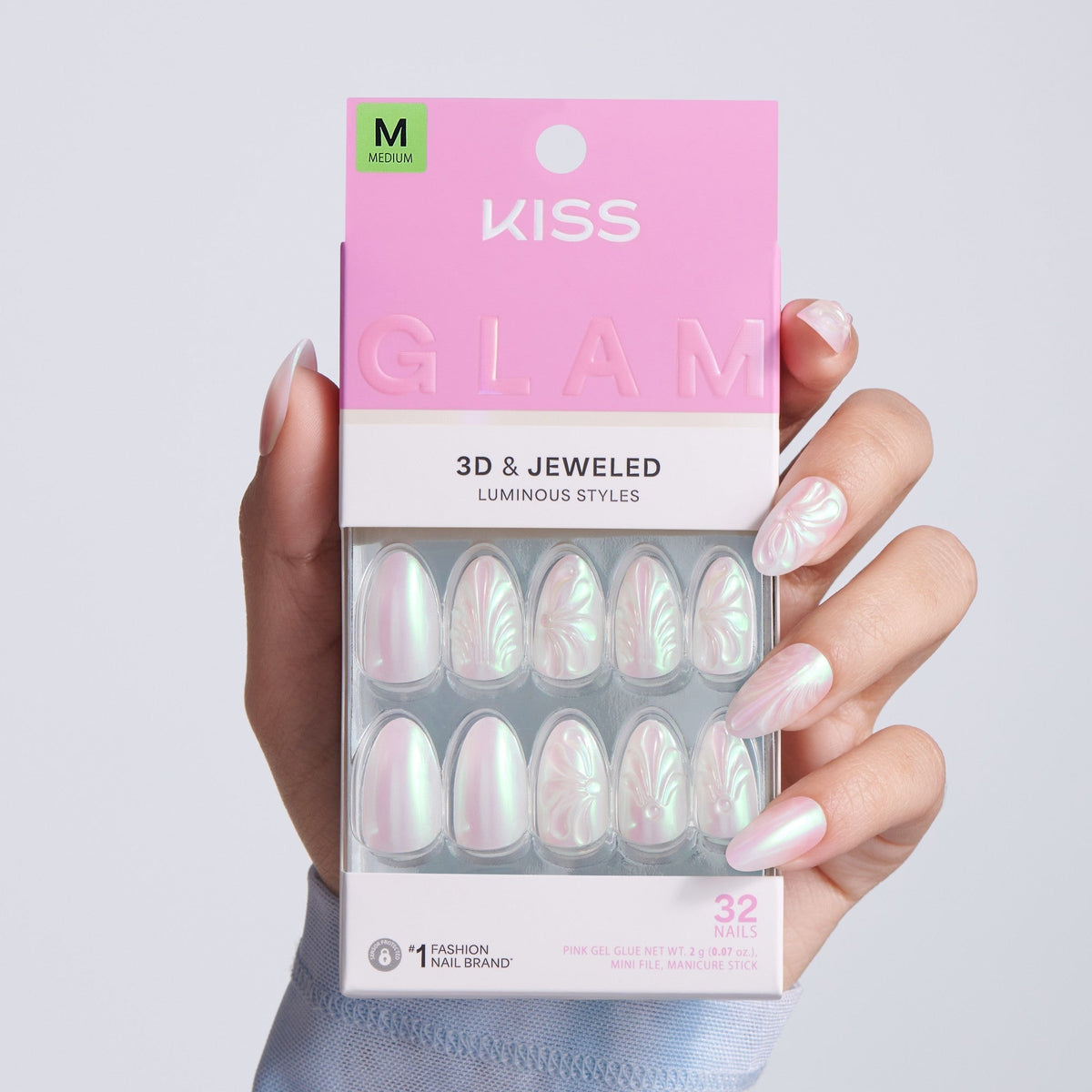 Kiss Glam Jeweled Press On Fake Glue Nails - Pearl Dust | 3D & Jewel Design, Pink, Medium, Almond