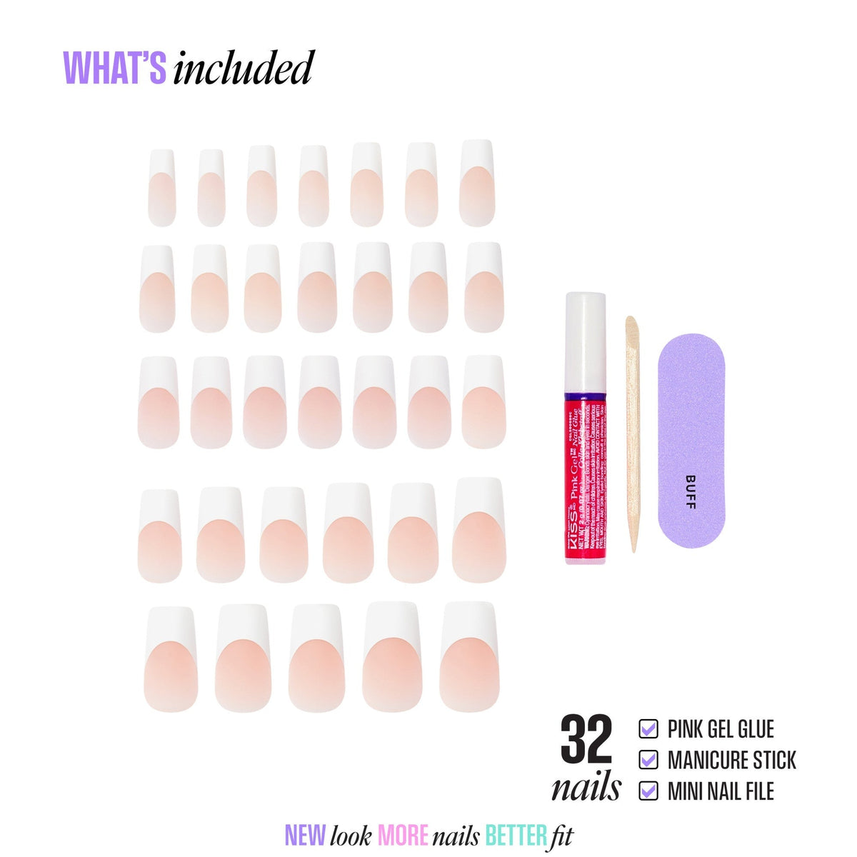 Kiss Core French Press On Fake Glue Nails - Every Minute | French Tips, White, Long, Square