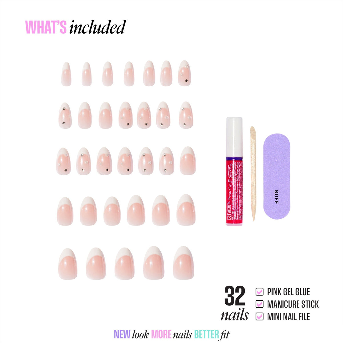 Kiss Glam 3D & Jewel Press On Fake Glue Nails - Serendipity Awaits | 3D & Jewel French, White, Medium, Almond
