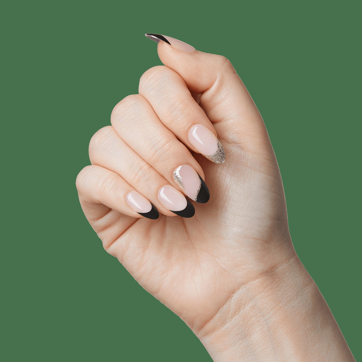 Impress French No Glue Fake Press On Nails - Illusion | French Design, Black, Medium, Almond, Manicure