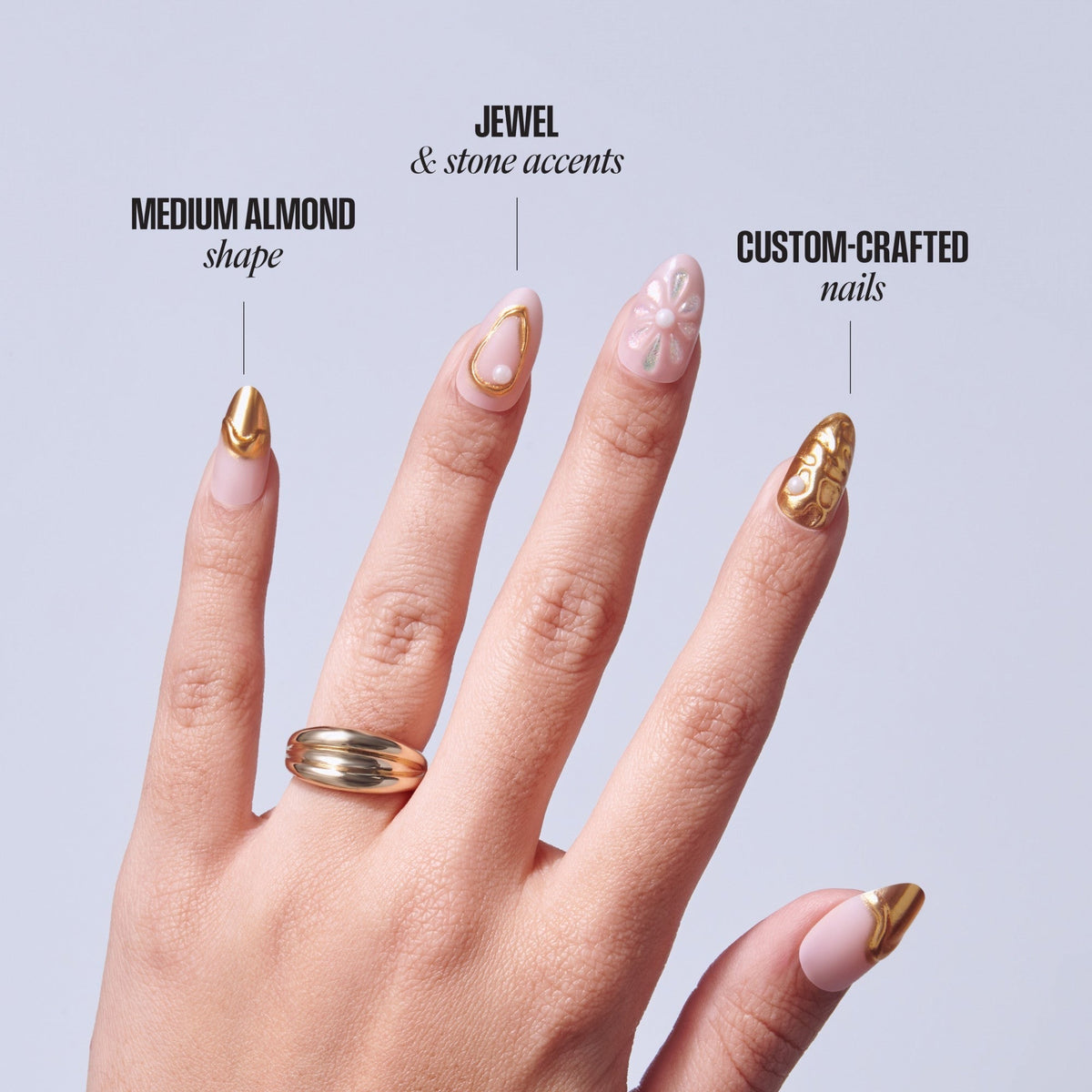 Kiss Luxe Press On Fake Glue Nails - Blossom Tide | 3D & Jewel Design, Gold, Medium, Almond