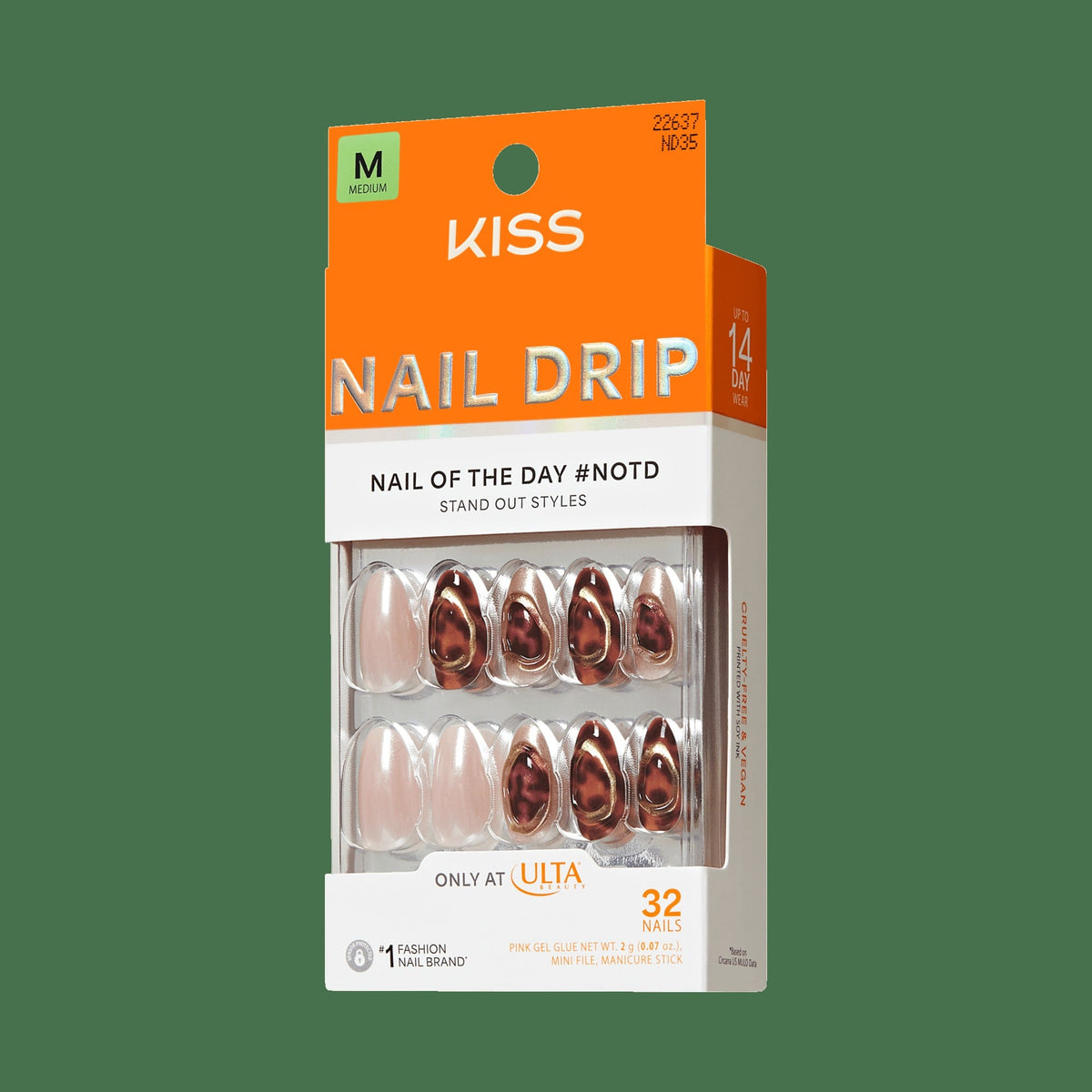 Kiss Nail Drip Press On Fake Glue Nails - Lively Whisper | 3D & Jewel Design, Brown & Gold, Medium, Almond