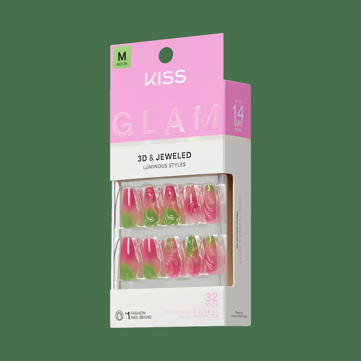 Kiss Glam Jeweled Press On Fake Glue Nails - Coconut Coast | 3D & Jewel Design, Pink & Green, Medium, Coffin