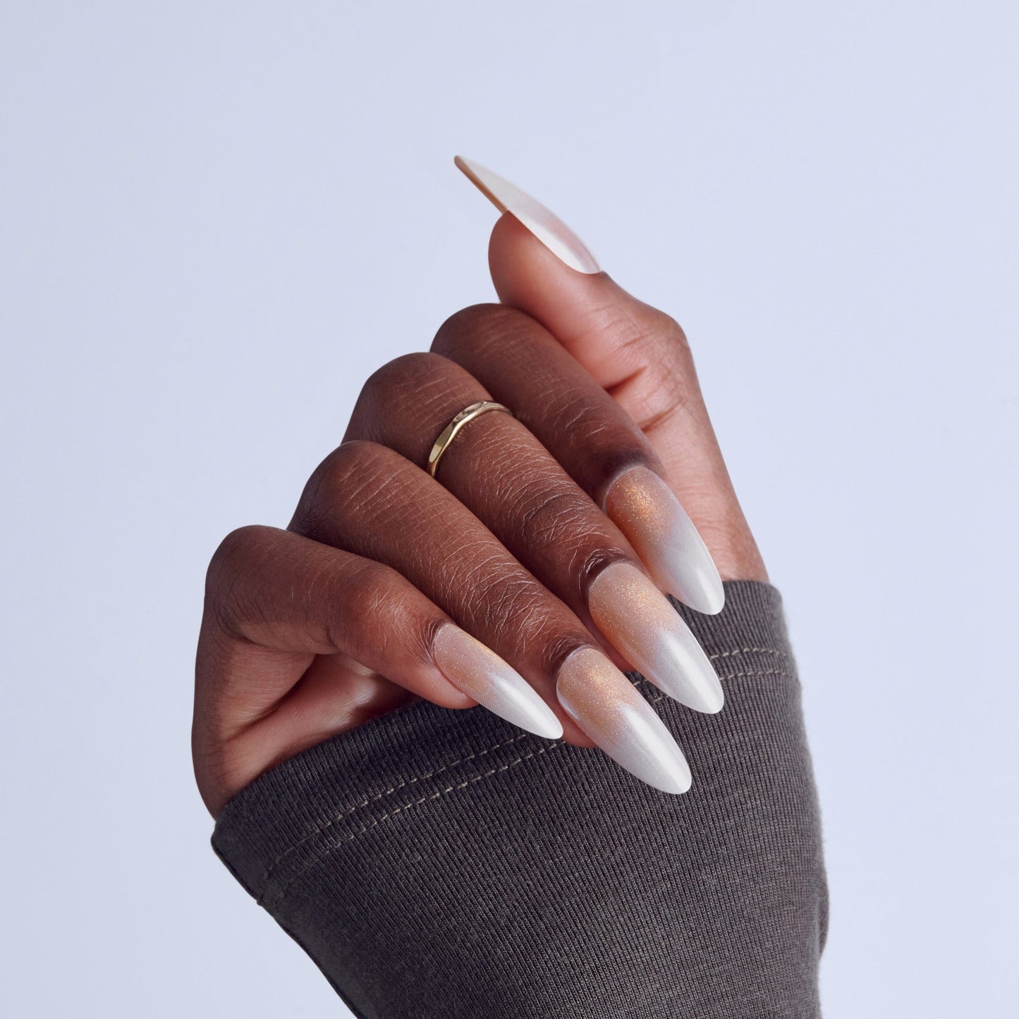 Kiss Glam Embellished Press On Fake Glue Nails - Day n Night | Design, Beige & White, Long, Almond