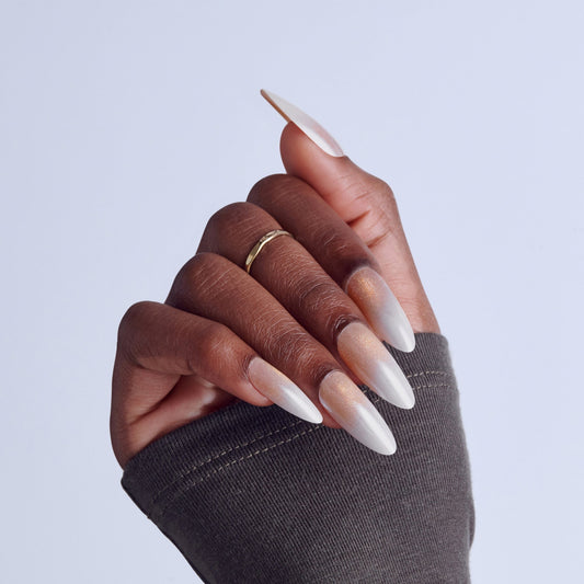 Kiss Glam Embellished Press On Fake Glue Nails - Day n Night | Design, Beige & White, Long, Almond