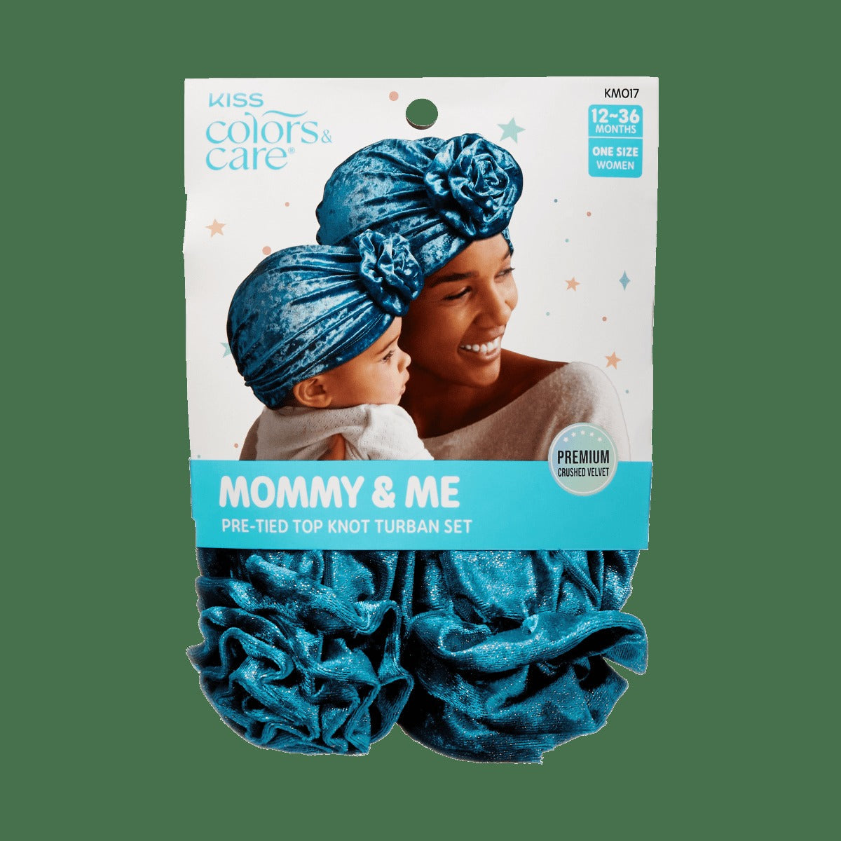 Kiss Colors & Care Mommy & Me Pre-Tied Top Knot Turban Set - Blue | Mom & Toddler, Velvet, Hair Turban, 2 pc, Hair Accessories