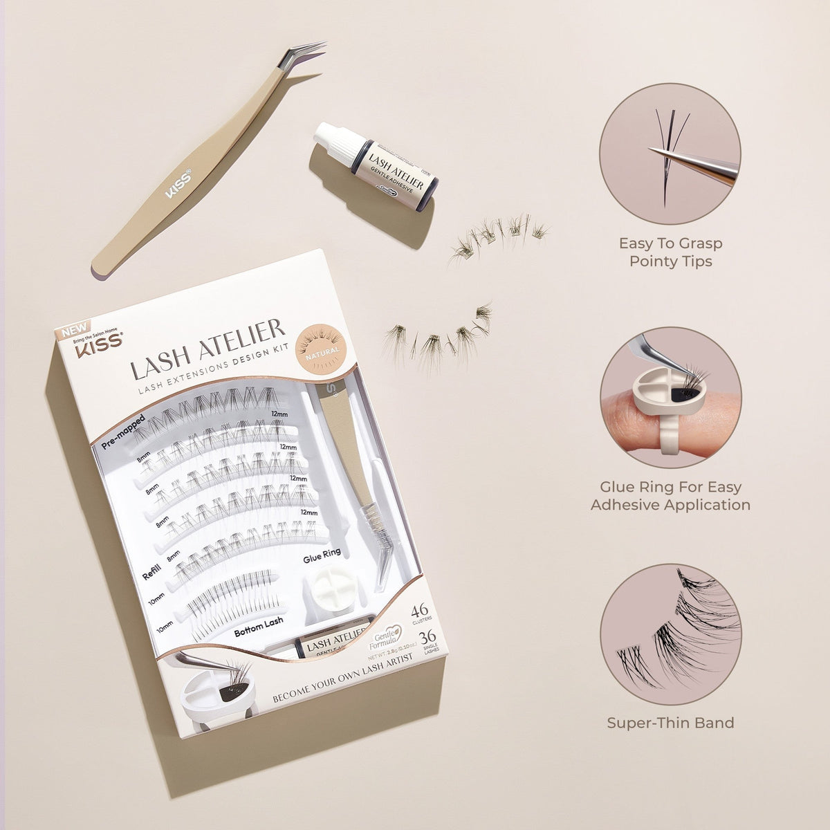 Kiss Lash Atelier False Eyelash Extensions Design Kit - Natural | 46 Clusters, 36 Single Lashes, Cluster Lashes, Individual Lashes, 6mm-12mm