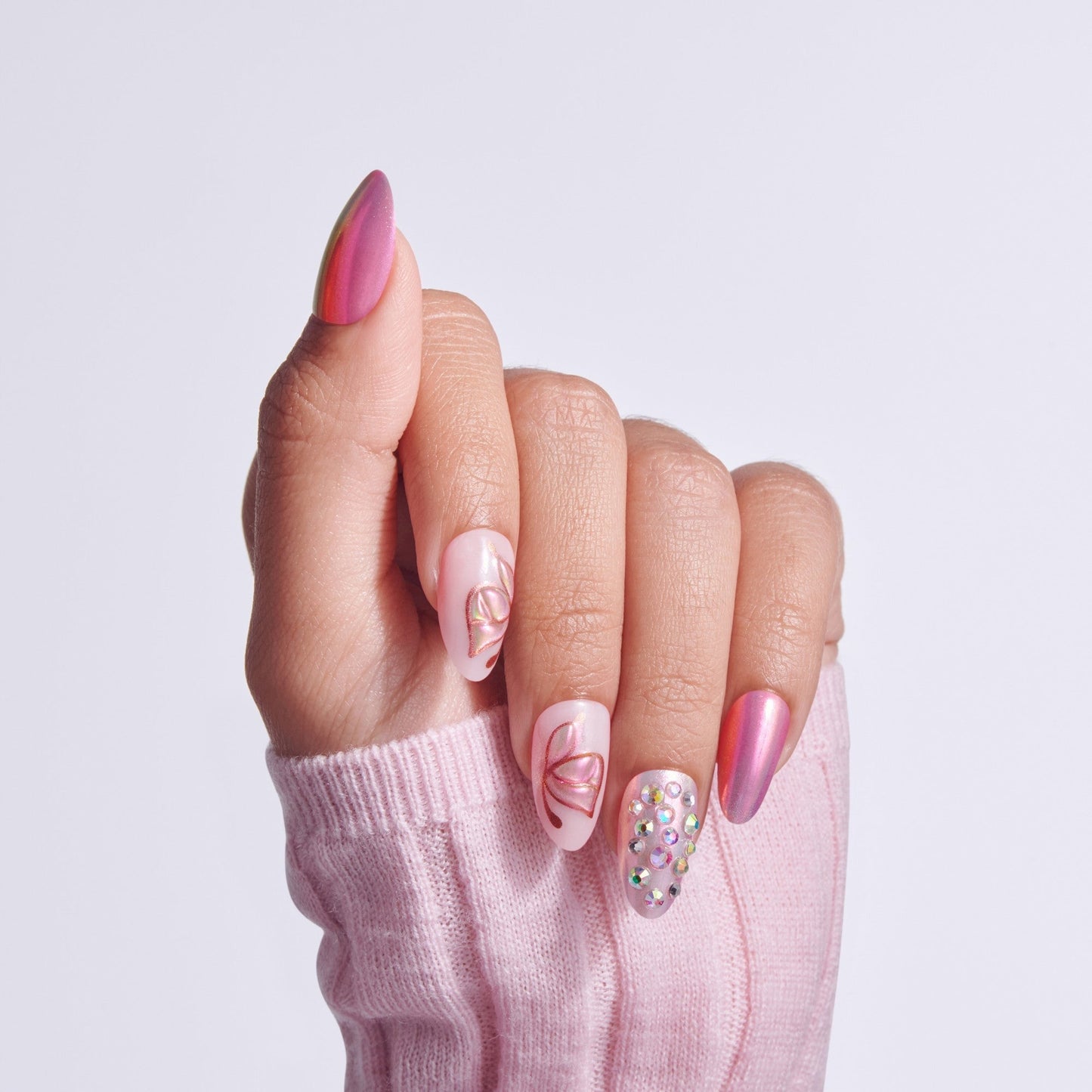 Kiss Luxe Press On Fake Glue Nails - Rose Knot | 3D & Jewel Design, Pink, Medium, Almond
