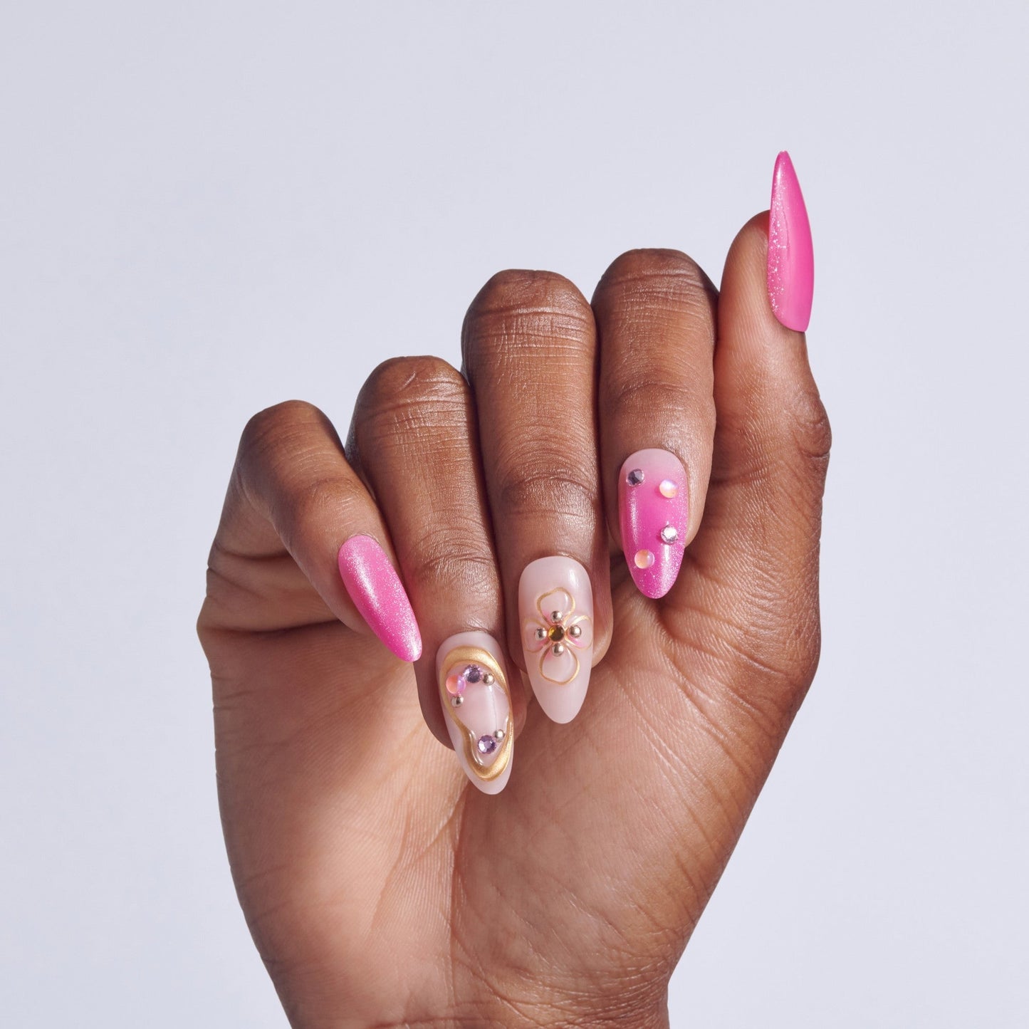 Kiss Luxe Press On Fake Glue Nails - Aurelia Meadow | 3D & Jewel Design, Pink, Long, Almond