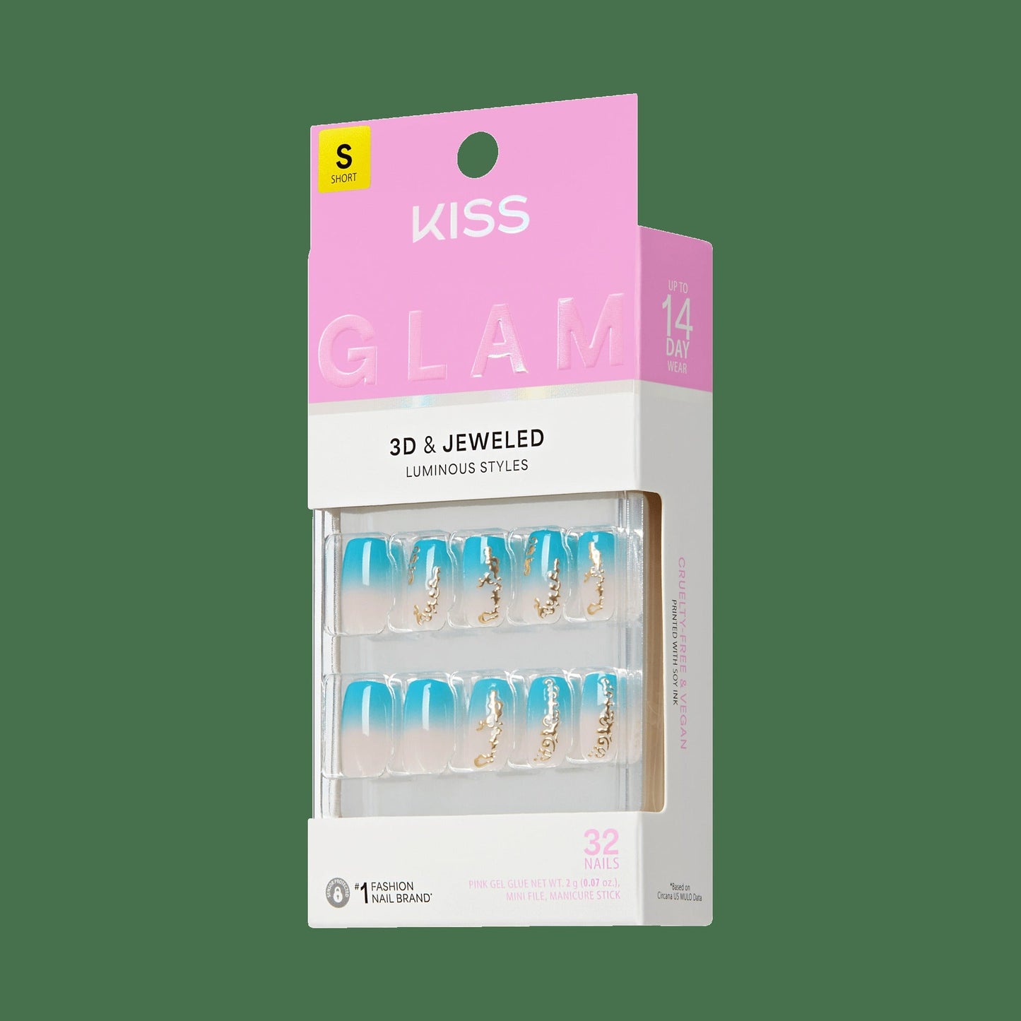 Kiss Glam Jeweled Press On Fake Glue Nails - Hello Sunshine | 3D & Jewel Design, Blue & White, Short, Squoval