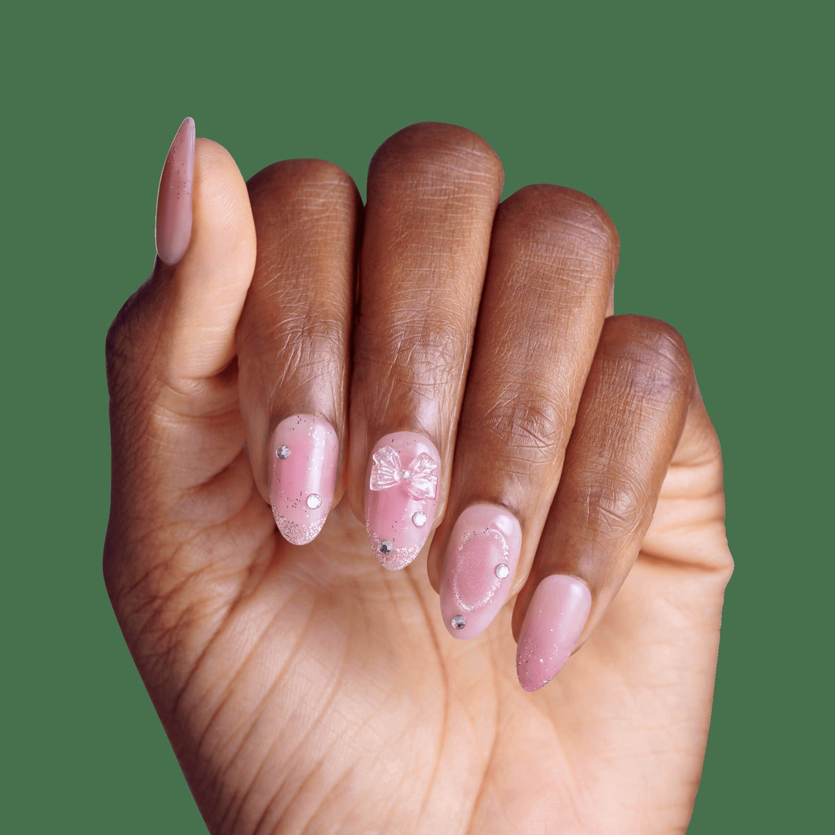 Impress Design Premium No Glue Fake Press On Nails - Venus | 3D & Jewel Design, Pink, Medium, Almond, Manicure