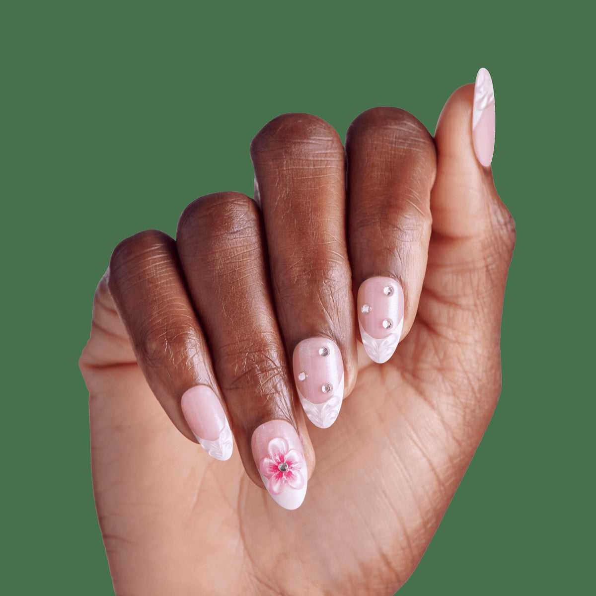 Impress Premium No Glue Fake Press On Nails - Couture-geous | 3D & Jewel French, Pink, Medium, Almond, Manicure