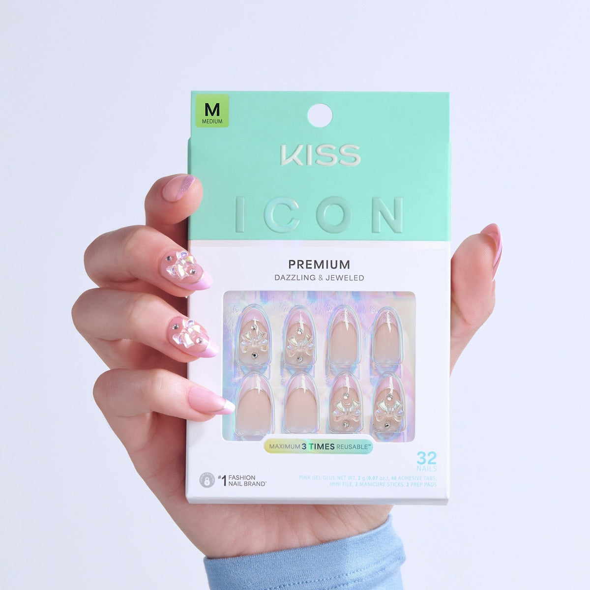 Kiss Icon Press On Fake Glue Nails - Vibrant | 3D & Jewel French, Pink, Medium, Almond
