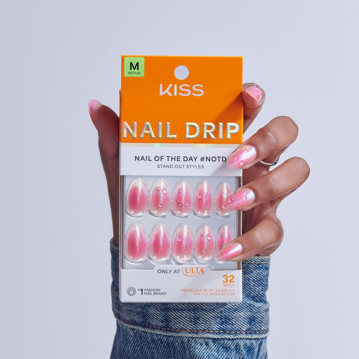 Kiss Nail Drip Press On Fake Glue Nails - Eternal Drift | 3D & Jewel Design, Pink, Medium, Almond