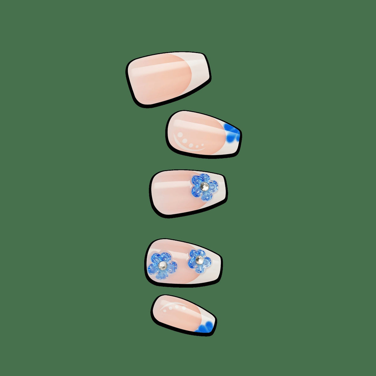 Impress Design No Glue Fake Press On Nails - Pure Ray | 3D & Jewel French Design, Blue & White, Medium, Coffin, Manicure