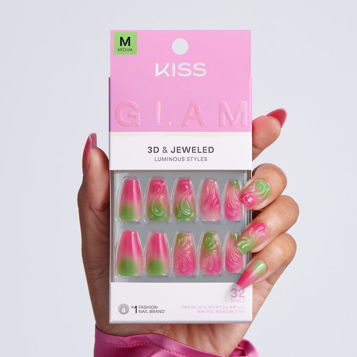 Kiss Glam Jeweled Press On Fake Glue Nails - Coconut Coast | 3D & Jewel Design, Pink & Green, Medium, Coffin