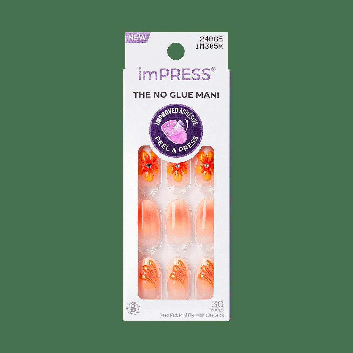 Impress Design No Glue Fake Press On Nails - Sea Bloom | 3D & Jewel Design, Orange, Medium, Oval, Manicure