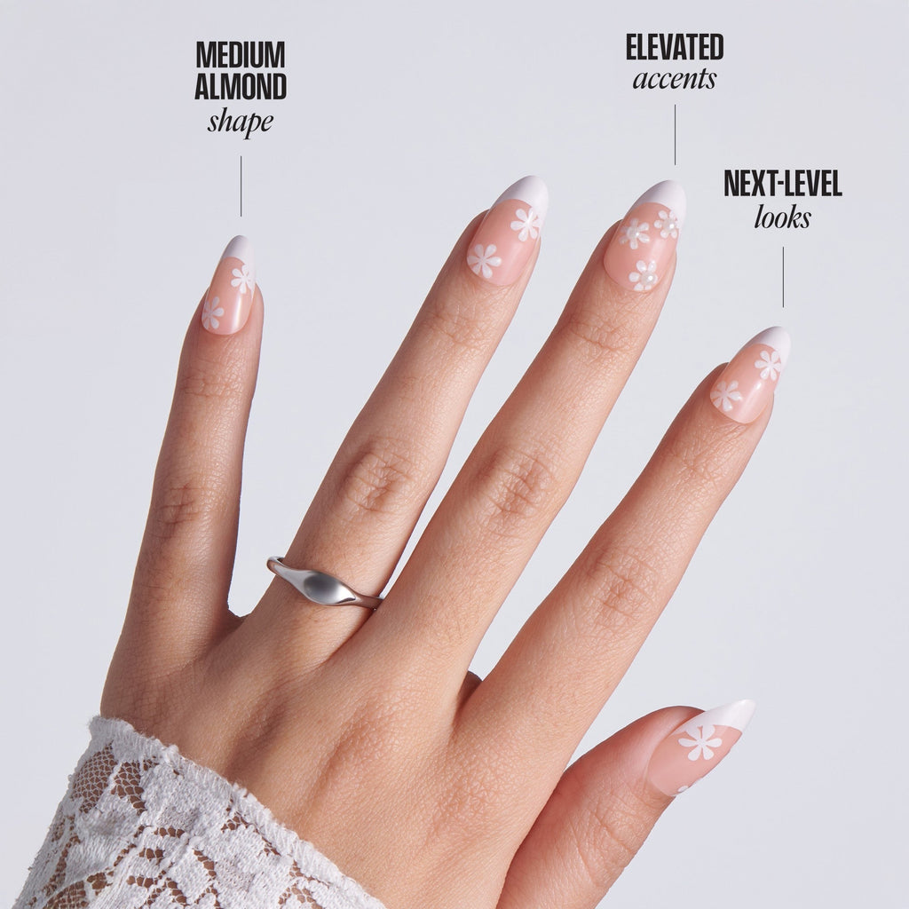 Kiss Glam Jeweled Press On Fake Glue Nails - Crystal Bloom | 3D & Jeweled French Design, White, Medium, Almond