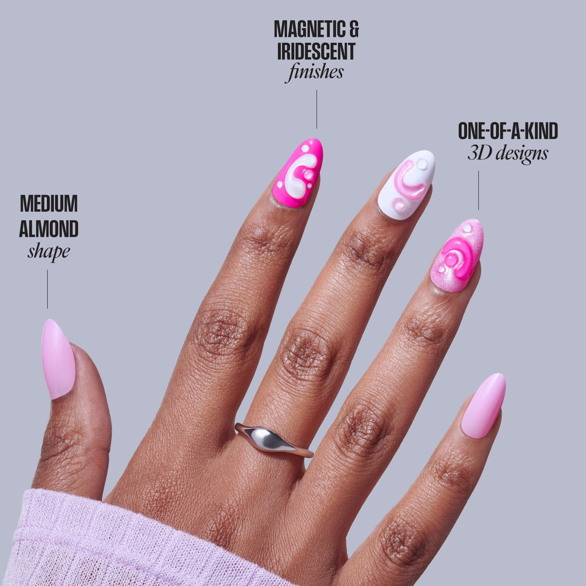 Kiss Nail Drip Press On Fake Glue Nails - Cheerful Meadow | 3D & Jewel Design, Pink, Medium, Almond