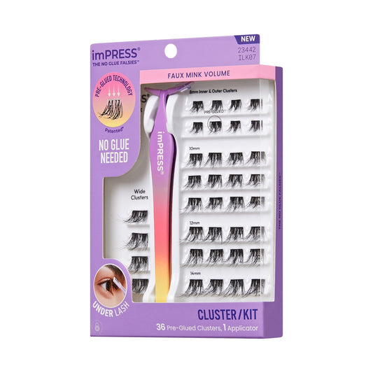 Impress Falsies Pre-Glued False Eyelashes Starter Kit - Faux Mink Volume | 36 Lash Clusters, With Applicator, 8mm-14mm