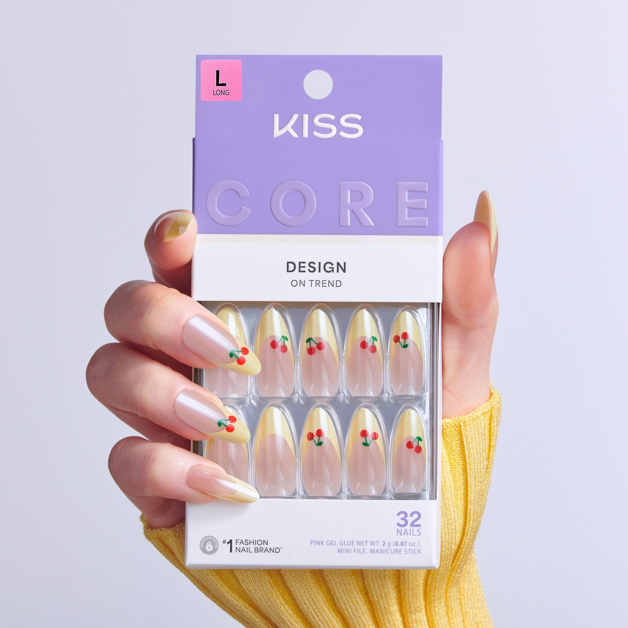 Kiss Core Design Press On Fake Glue Nails - Post Summer | French Design, Yellow, Long, Almond