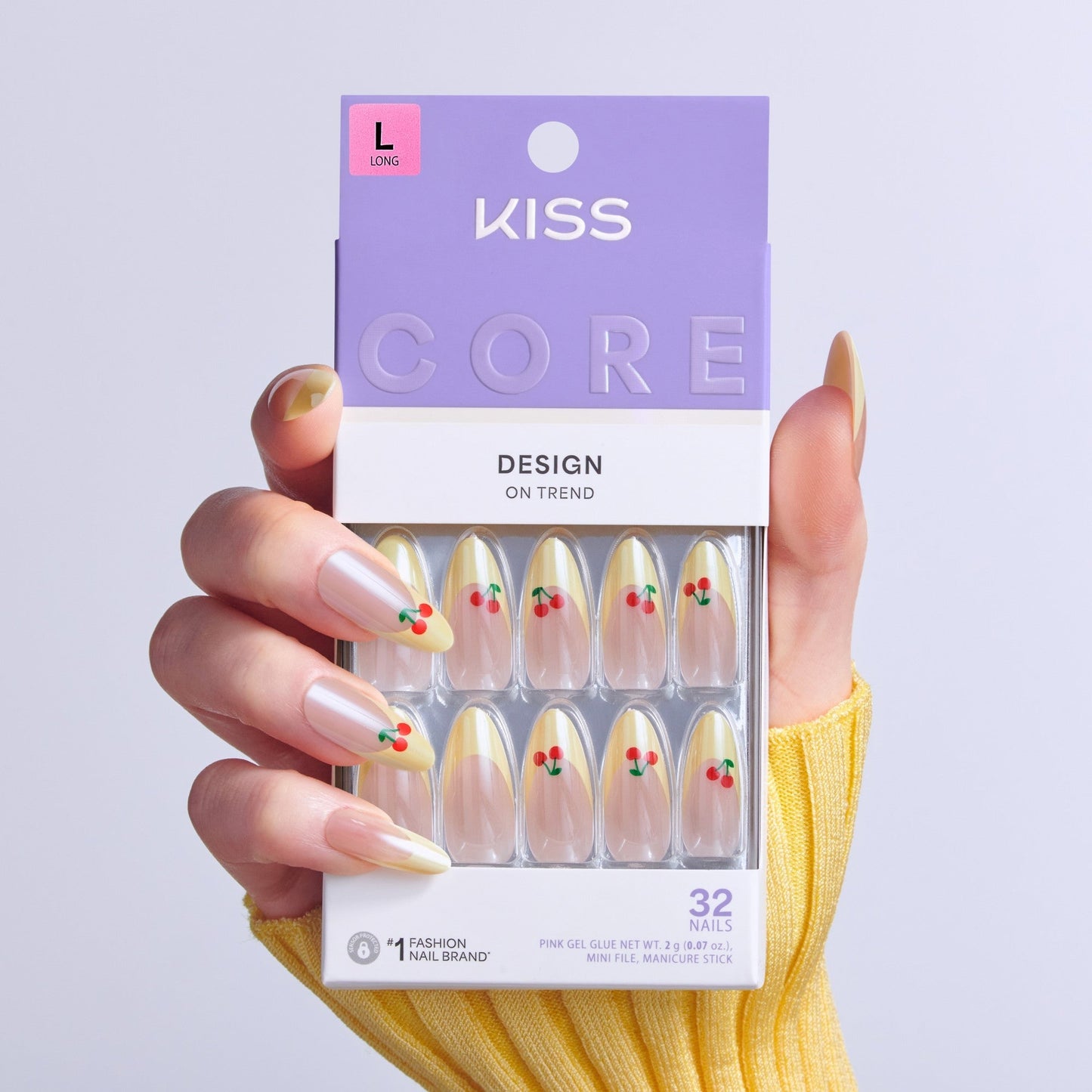 Kiss Core Design Press On Fake Glue Nails - Post Summer | French Design, Yellow, Long, Almond