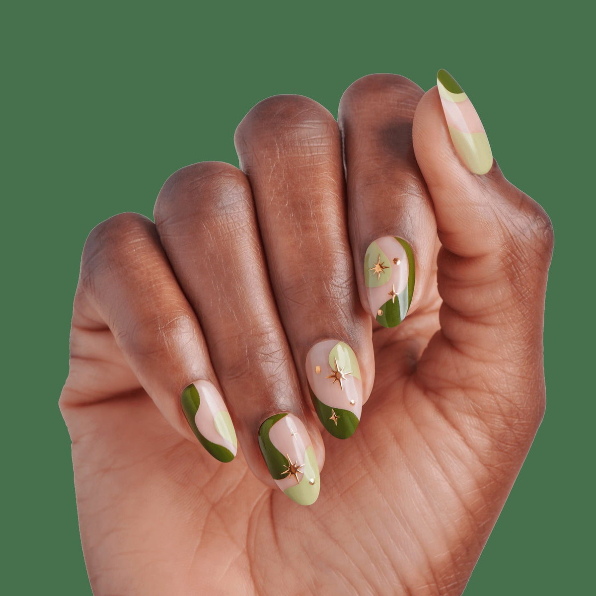 Impress Design No Glue Fake Press On Nails - Shining | 3D & Jewel Design, Green, Medium, Almond, Manicure