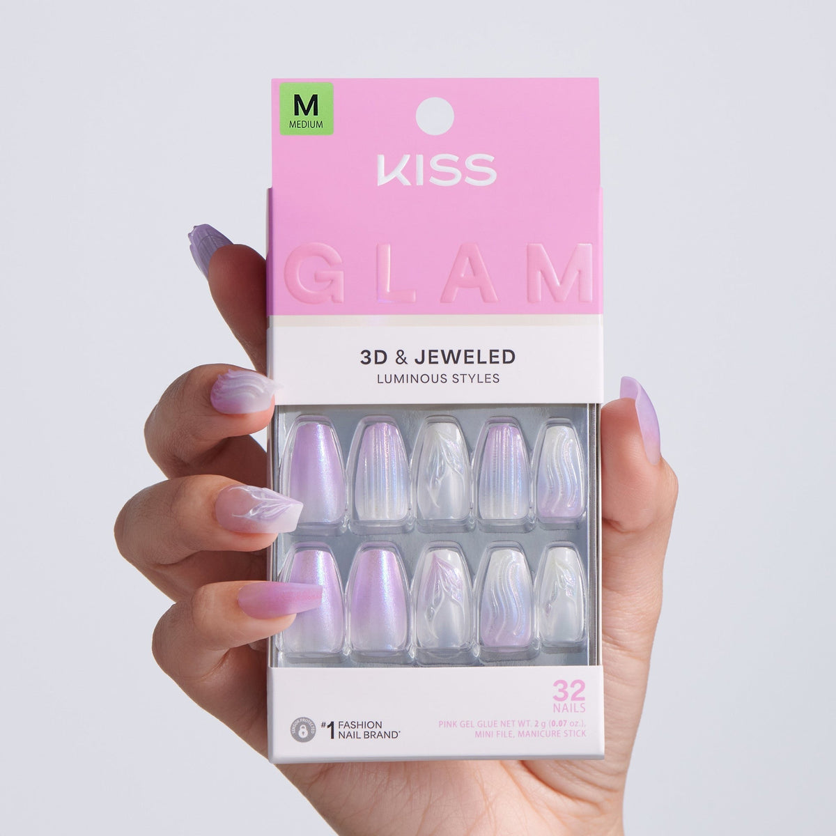 Kiss Glam Jeweled Press On Fake Glue Nails - Aqua Aura | 3D & Jewel Design, Purple, Medium, Coffin