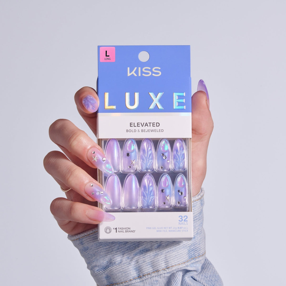 Kiss Luxe Press On Fake Glue Nails - Jasmine Skies | 3D & Jewel Design, Purple, Long, Almond