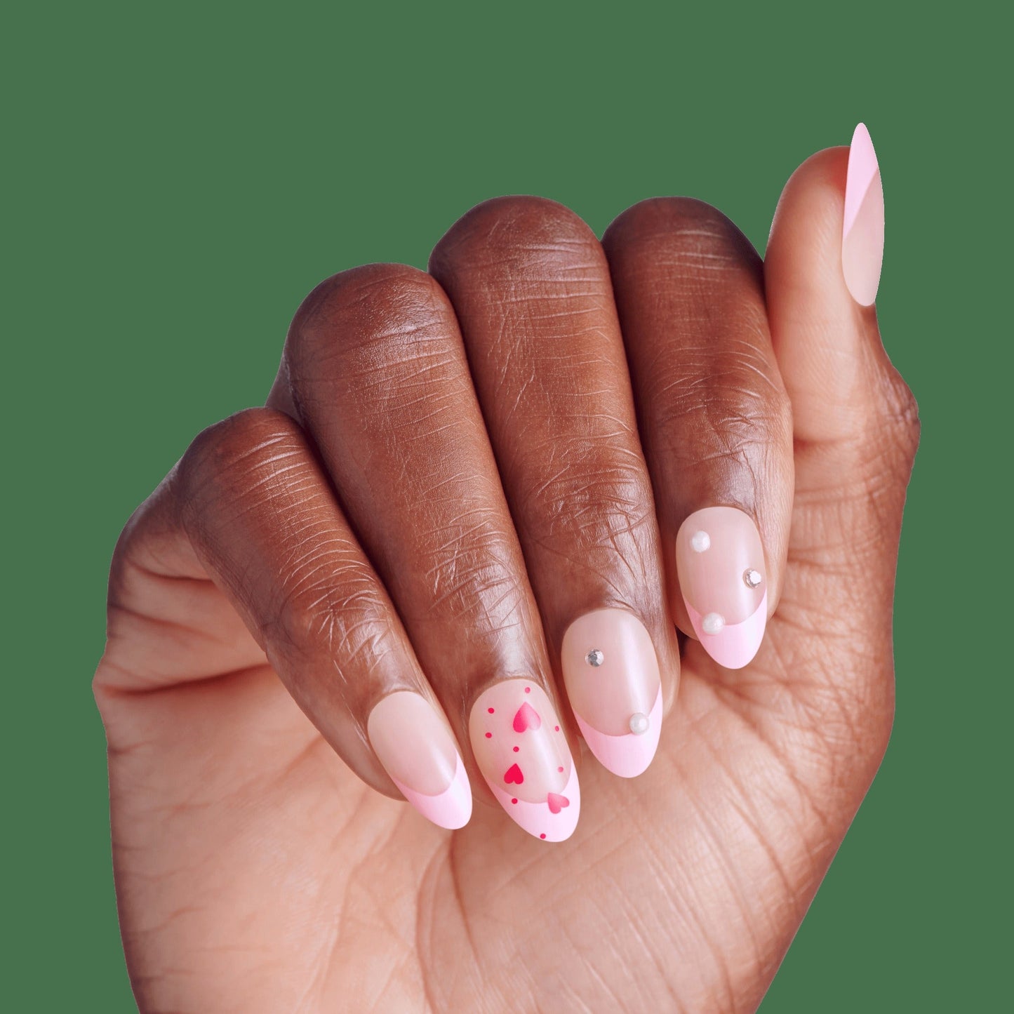 Impress Design No Glue Fake Press On Nails - Still The One | 3D & Jewel French Design, Pink, Medium, Almond, Manicure