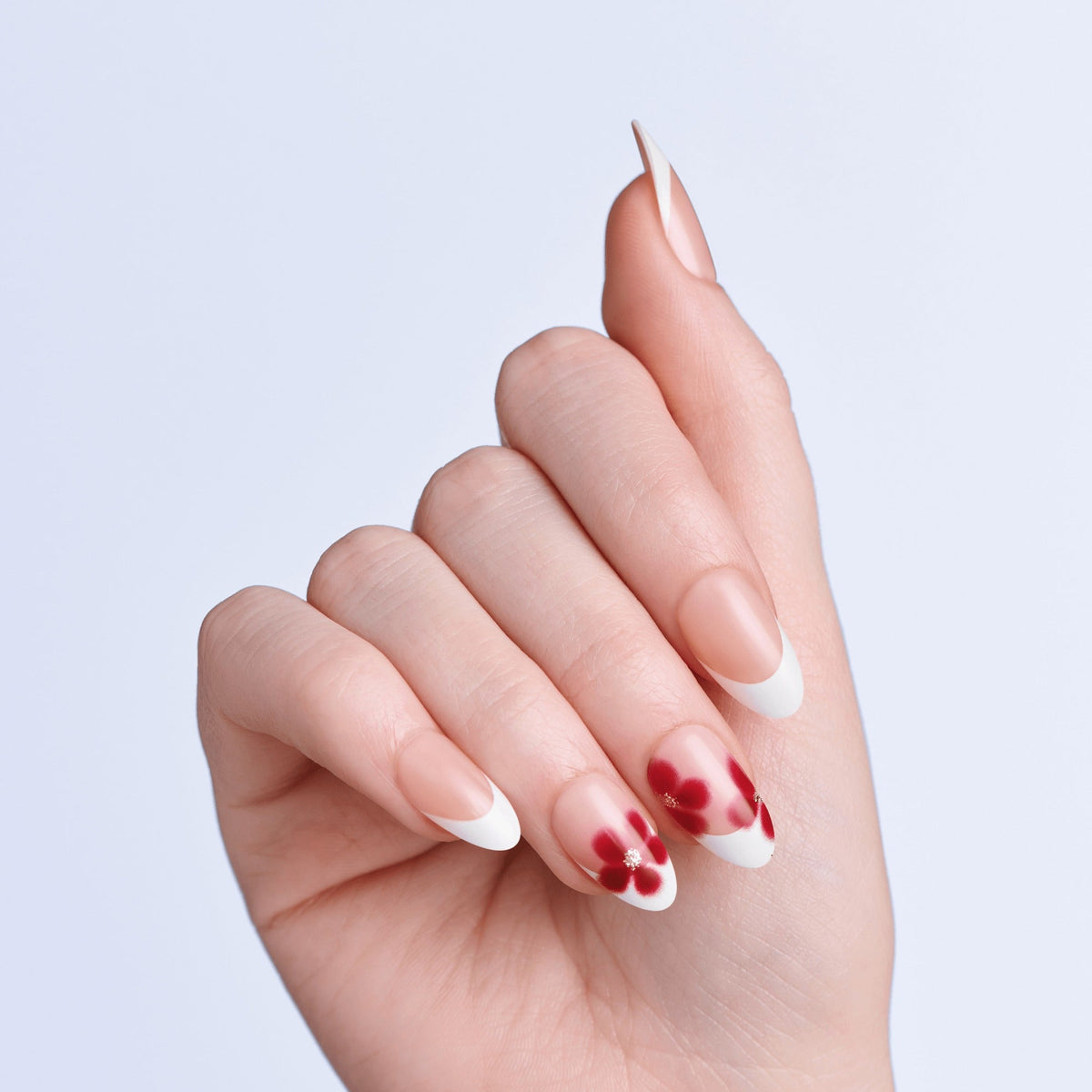 Impress Design No Glue Fake Press On Nails - Hampton | French Design, White & Red, Medium, Almond, Manicure