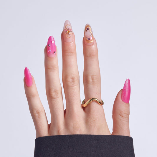 Kiss Luxe Press On Fake Glue Nails - Aurelia Meadow | 3D & Jewel Design, Pink, Long, Almond
