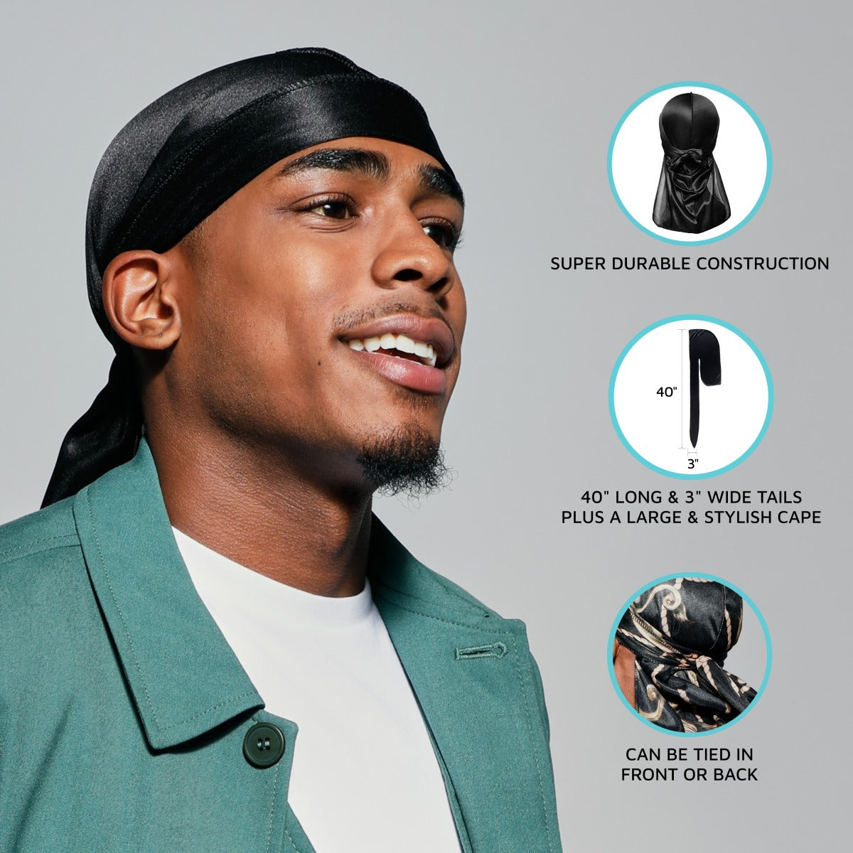 Kiss Colors & Care Power Wave Silky Satin Pattern Durag - Black & Gold | Silk Durag, Wave Cap, One Size, Hair Accessories