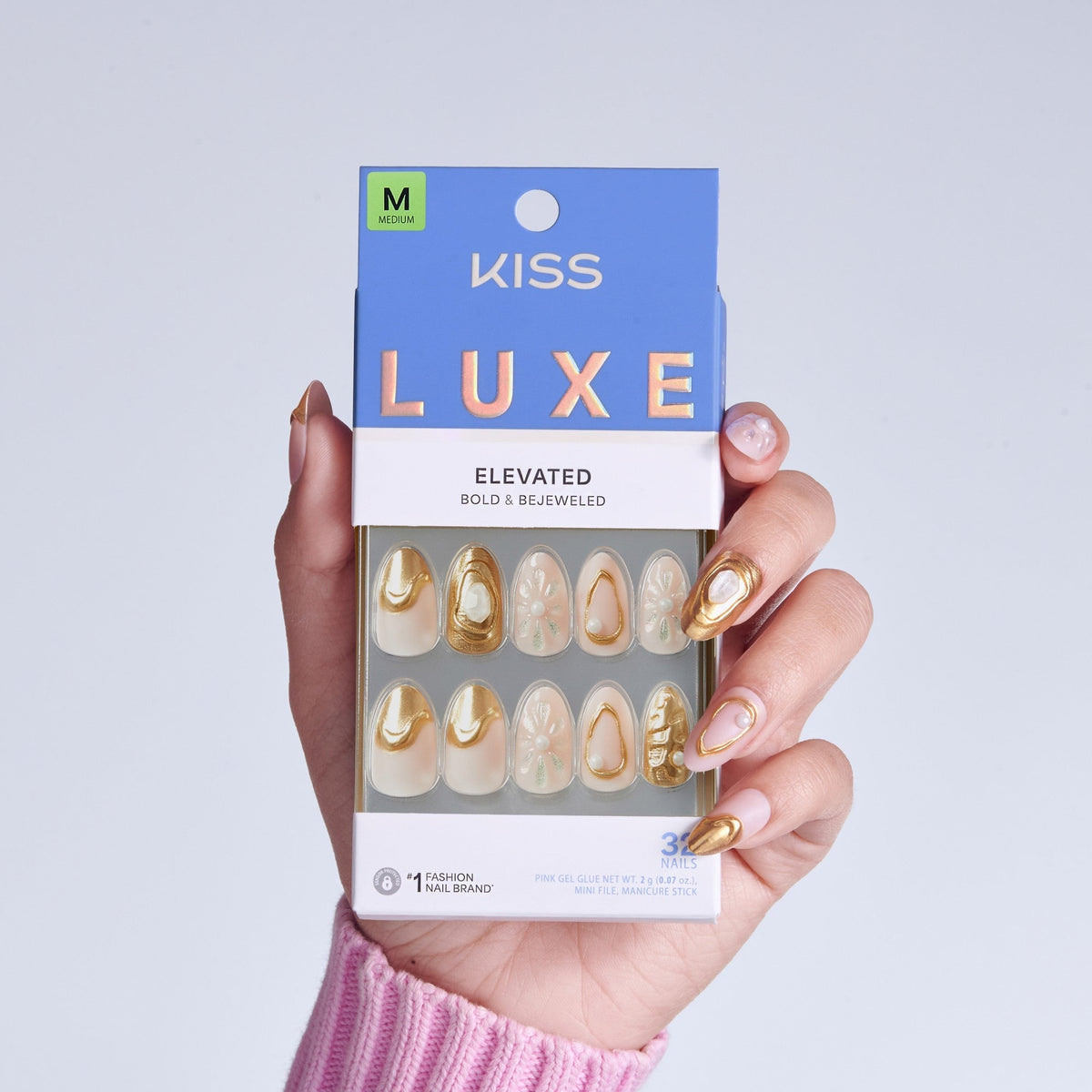 Kiss Luxe Press On Fake Glue Nails - Blossom Tide | 3D & Jewel Design, Gold, Medium, Almond