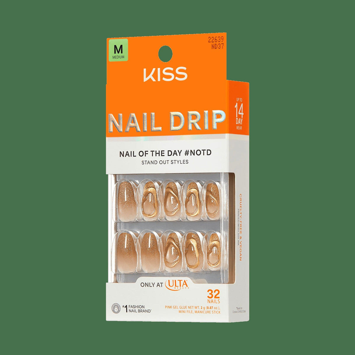 Kiss Nail Drip Press On Fake Glue Nails - Golden Laughter | 3D & Jewel Design, Metallic Gold, Medium, Round