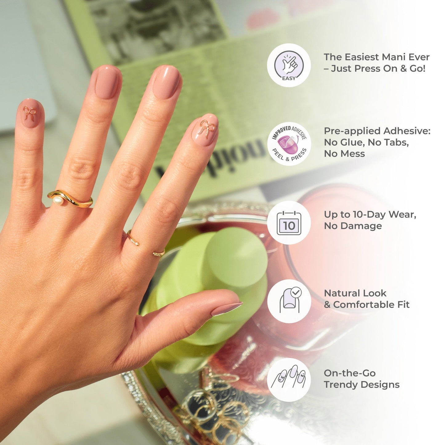 Impress Design No Glue Fake Press On Nails - Close To You | 3D Solid, Pink, Short, Oval, Manicure