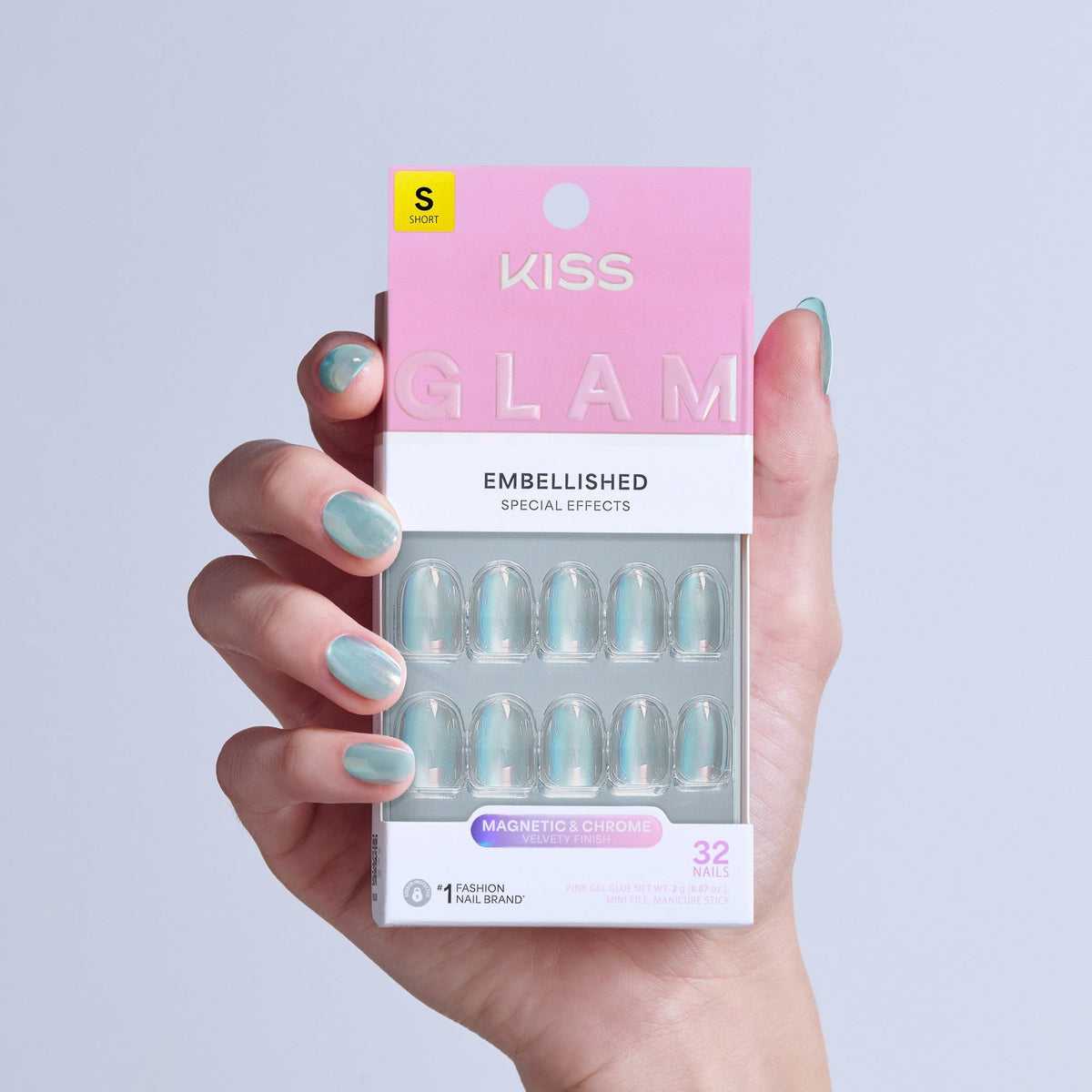 Kiss Glam Embellished Press On Fake Glue Nails - Celestique | Design, Blue, Short, Round