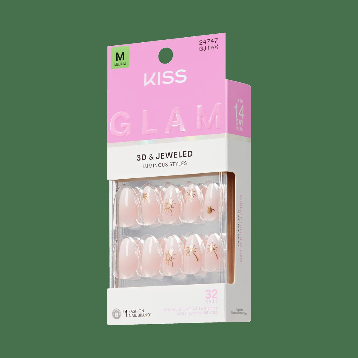 Kiss Glam Jeweled Press On Fake Glue Nails - Ocean Air, Salty Hair | 3D & Jewel Design, Pink, Medium, Almond