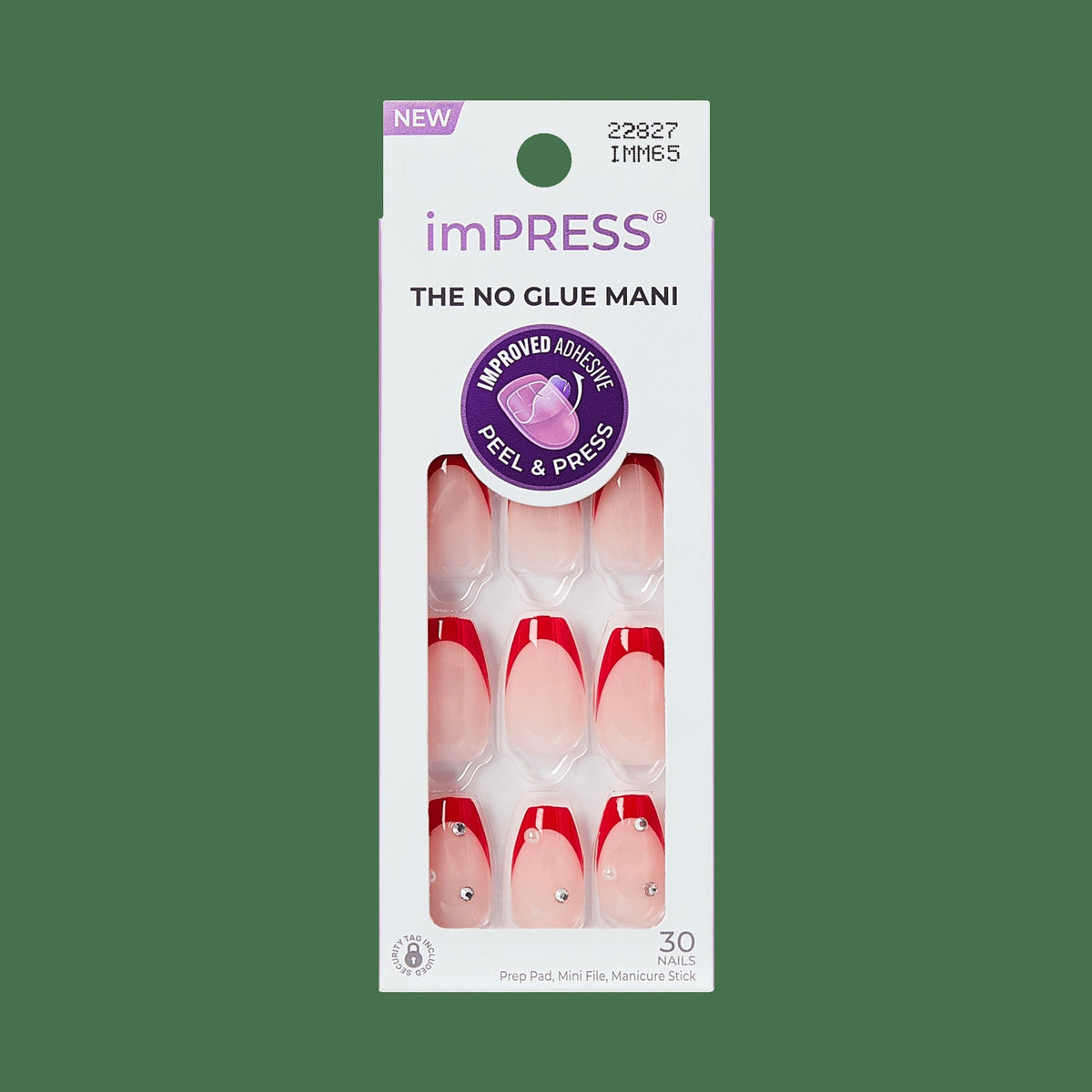 Impress Design No Glue Fake Press On Nails - Happy World | 3D & Jewel French, Red, Medium, Coffin, Manicure